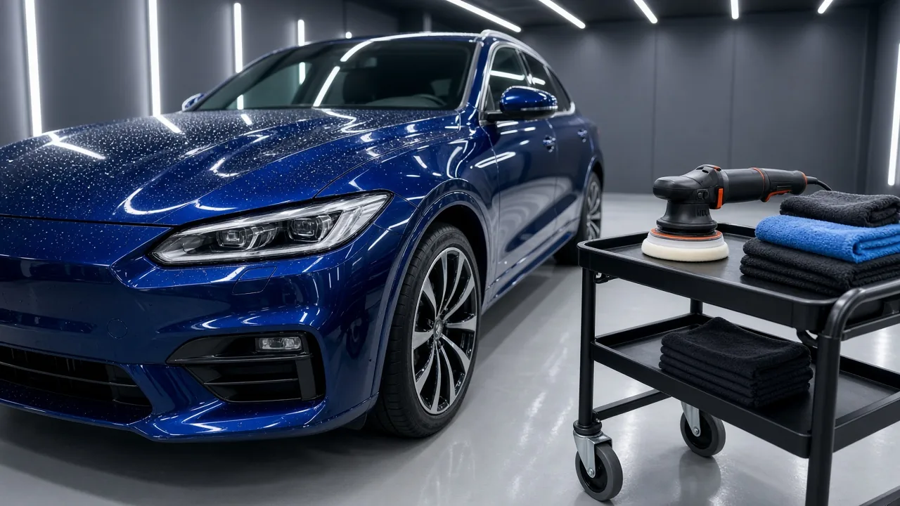 A deep blue SUV with freshly polished, water-beaded paint in a bright detailing studio next to a cart with a polisher and microfiber towels